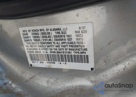 2007 Honda Odyssey Ex-L from USA, damaged, VIN 5FNRL38647B121991